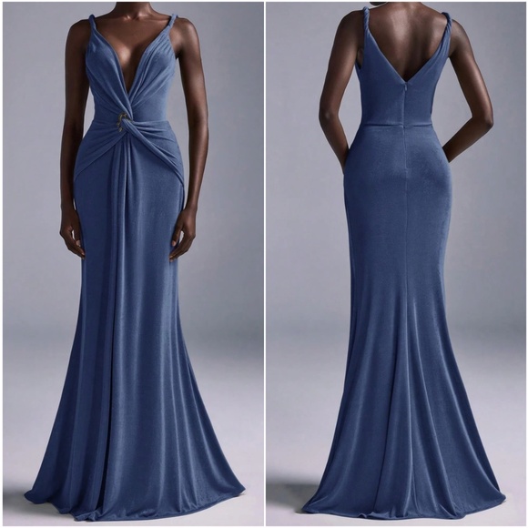 Solid Plunging Neck Twist Detail Party Evening Formal Wedding Dress - Picture 4 of 9